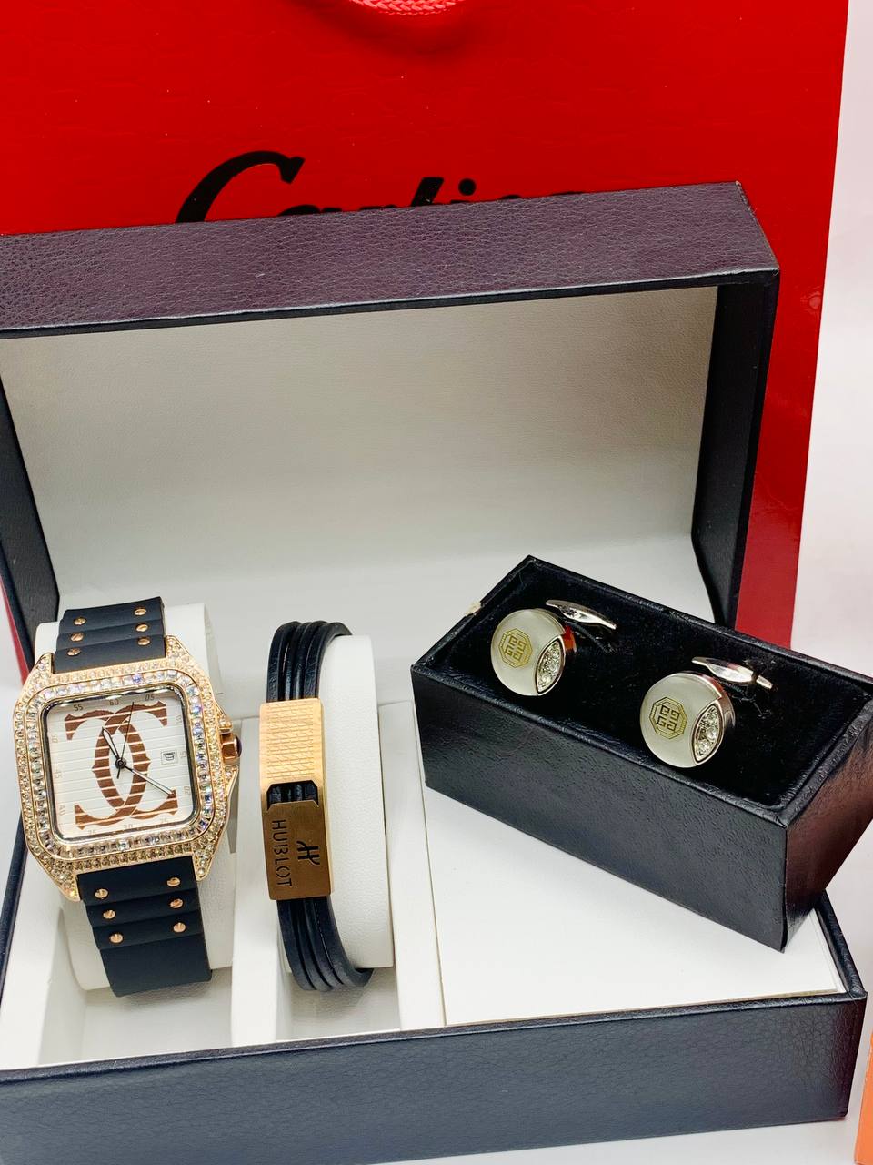 Luxury Cartier Watch with Cufflinks and Bracelet Combo